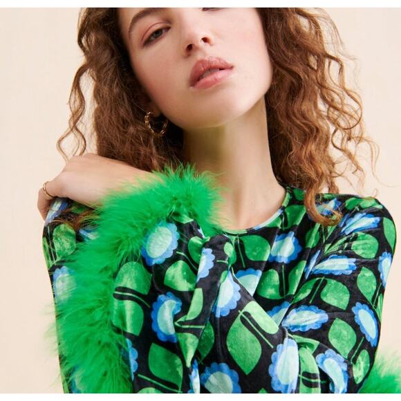 Anna Sui Blue Green Velvet Daisies Maxi Dress - Picture 2 of 6